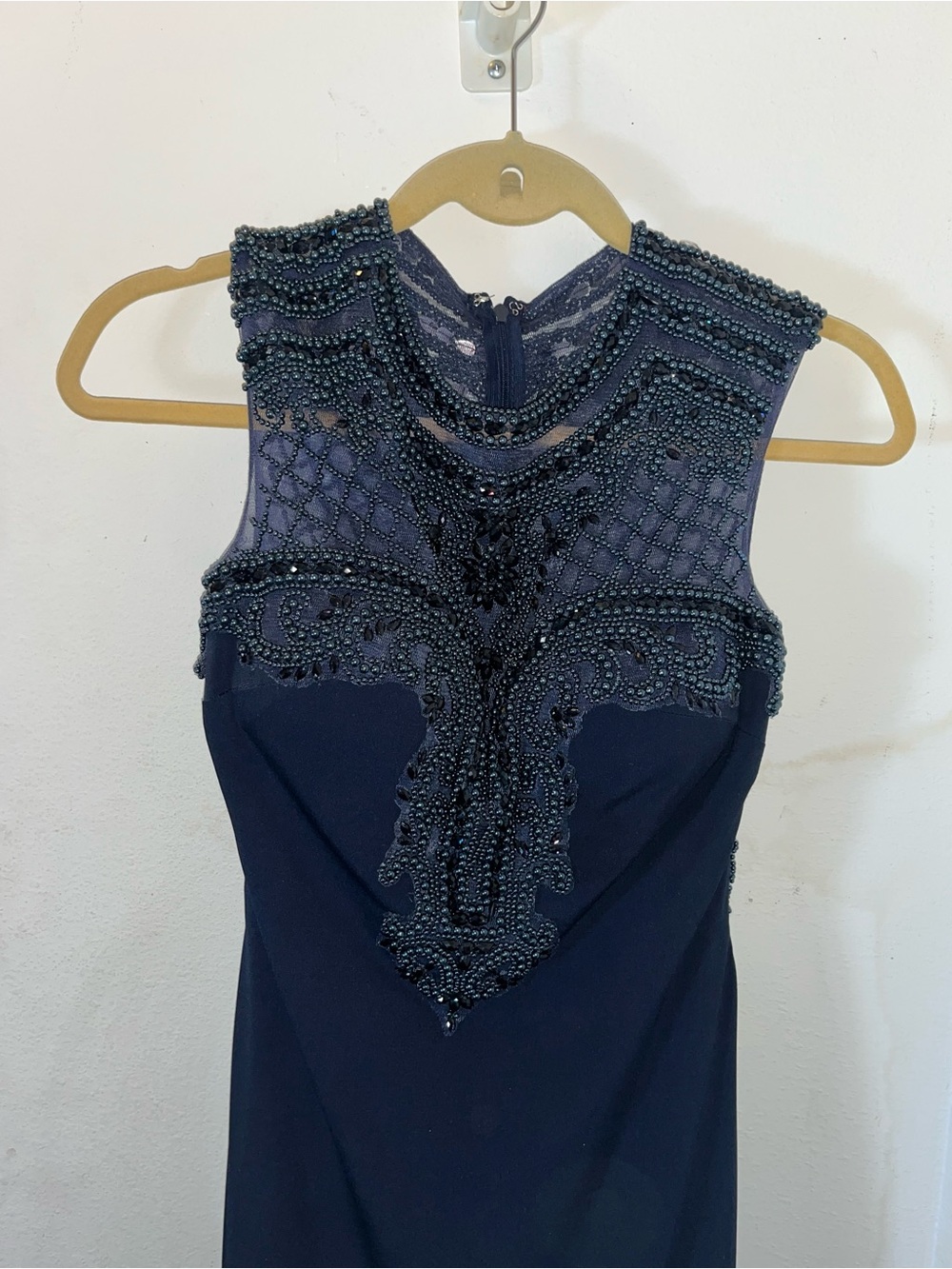 Precious Formals Navy Beaded High-Neck Prom, glam , pageant Dress